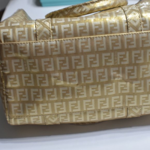FENDI Tan/Gold Monogram Icon Logo Satchel Hand Bag w Its Dust Bag - Picture 5 of 15